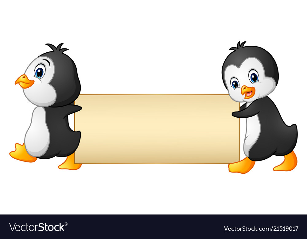 Two penguins cartoon holding a blank banner