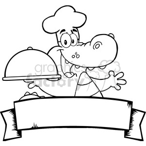 Happy Crocodile Chef Holding A Platter Over A Blank Banner clipart