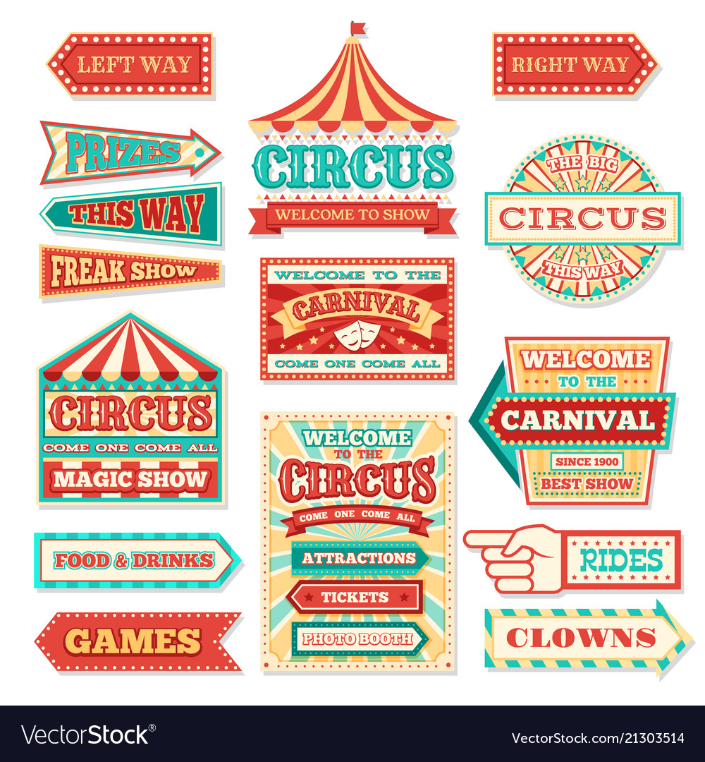 Old carnival circus banners and carnival labels