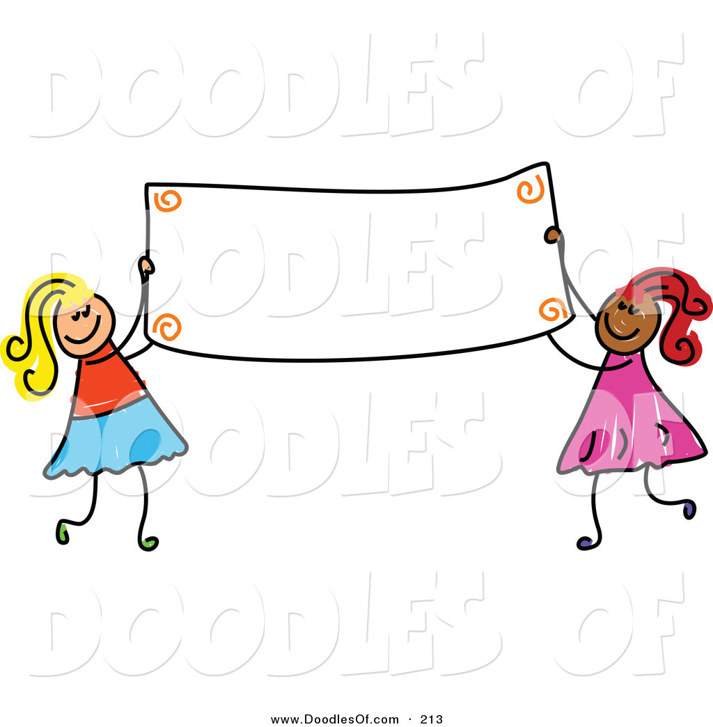 Vector Clipart of a Childs Sketch of Two Girls Holding a