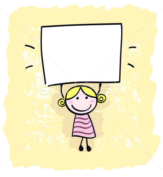 Happy little kid girl holding empty blank banner sign vector