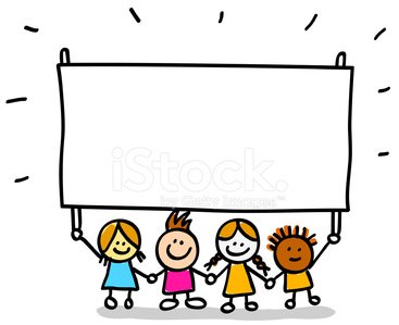 Happy Children Group Holding Hand and Blank Banner Cartoon