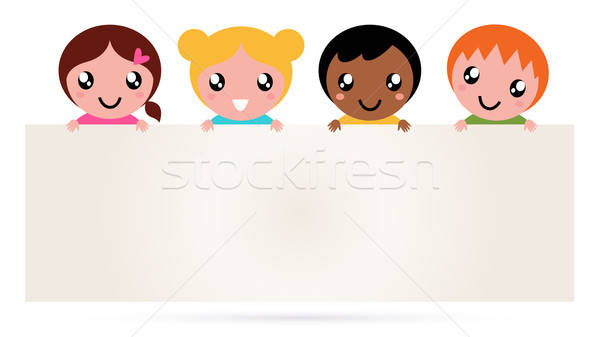 Multicultural kids holding blank banner sign isolated on