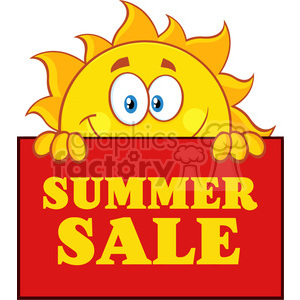 Royalty free rf clipart illustration cheerful sun cartoon mascot character  over a sign board with text summer sale vector illustration isolated on