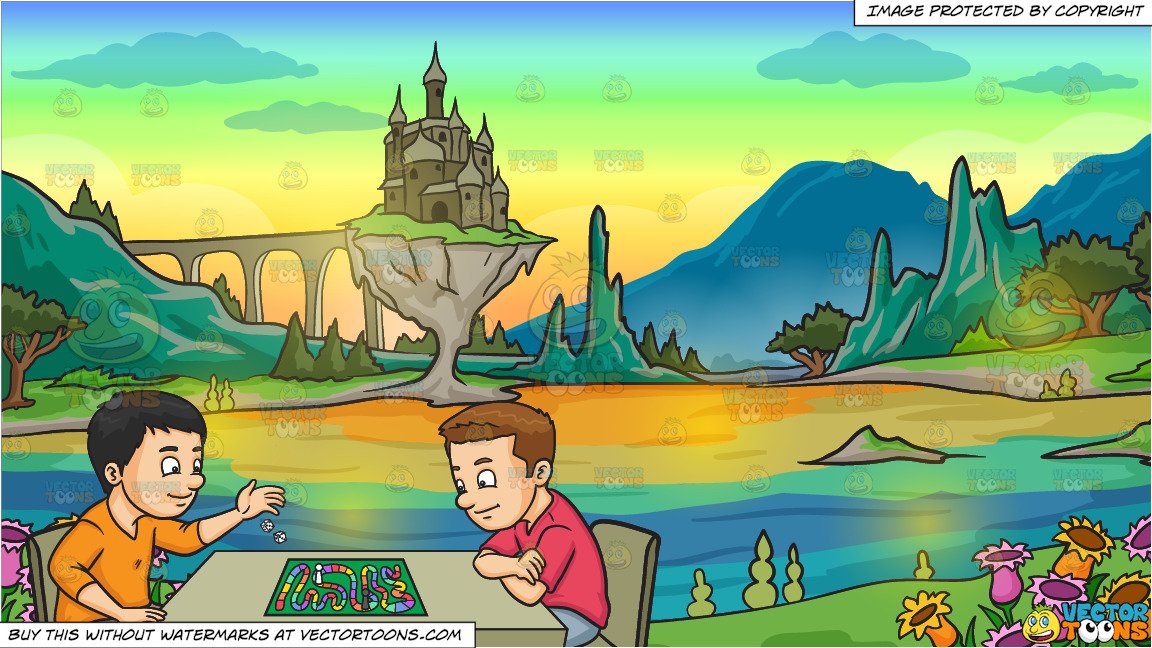 Two Friends Playing A Board Game and A Castle In A Magical Land Background