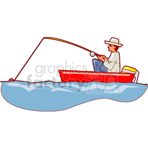 Man fishing from a small red boat clipart