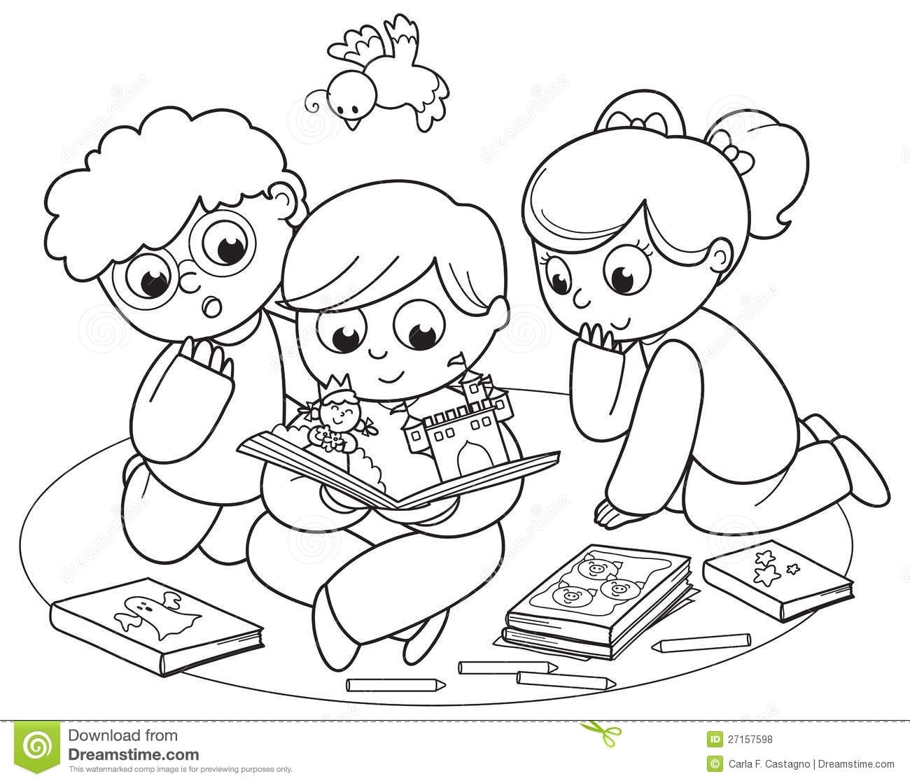 Children Reading Books Clipart Black And White regarding