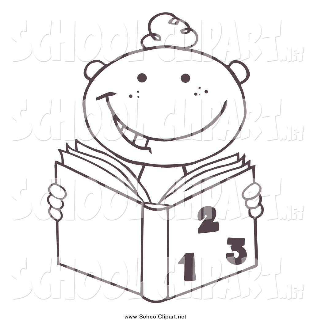 Clip Art of a Black and White School Boy Reading a Math Book