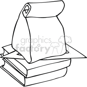 Black and white outline of textbooks and lunch bag clipart