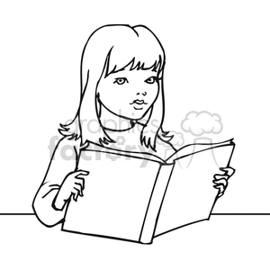 Black and white outline of a girl reading a book clipart