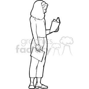 Black and white outline of a girl reading notes clipart