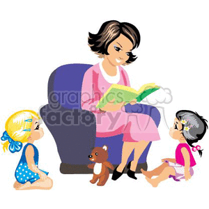 A Nice Happy Teacher Reading a Book to Two Girls clipart