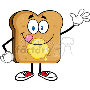 Royalty free rf clipart illustration happy toast bread cartoon character  licking his lips with butter waving vector illustration isolated on white