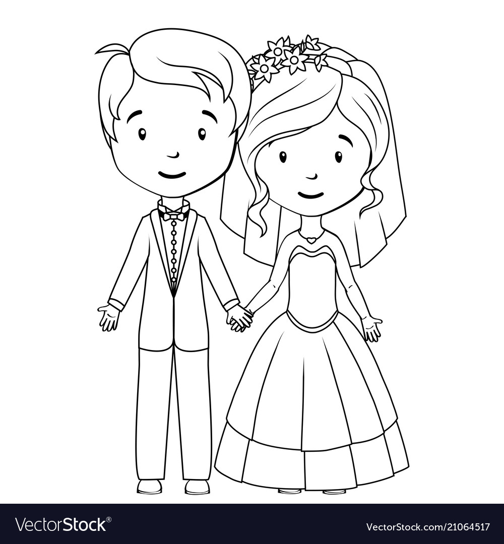Coloring book cartoon groom and bride