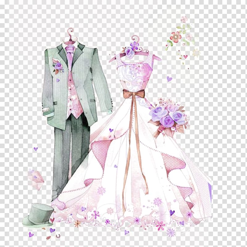 Wedding dress and suit illustration, Wedding dress Marriage