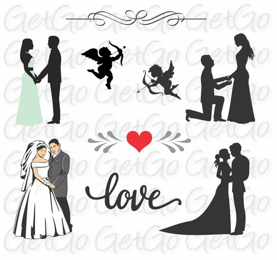 Wedding Icons and Bride and Groom Silhouettes Clipart