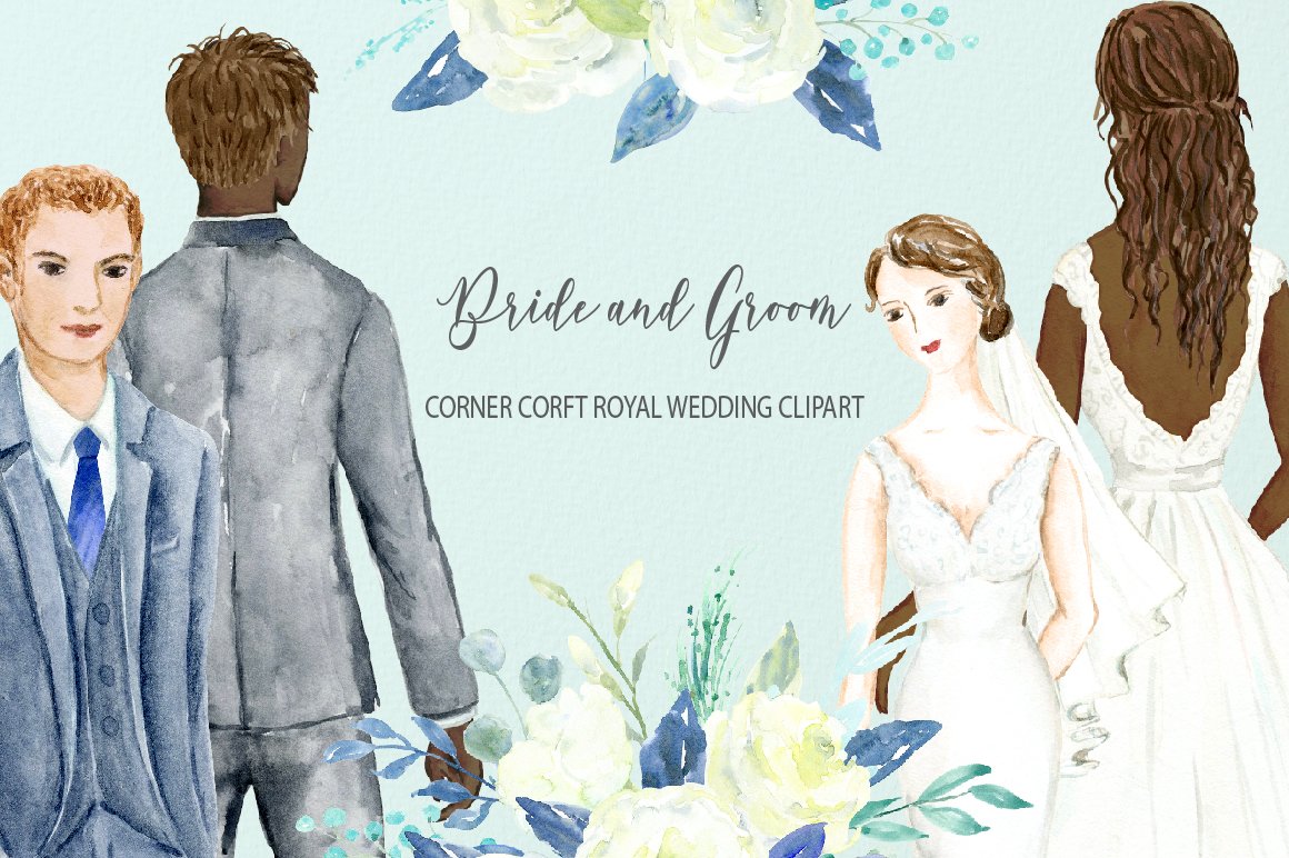 Watercolor clipart bride and groom figurine, wedding