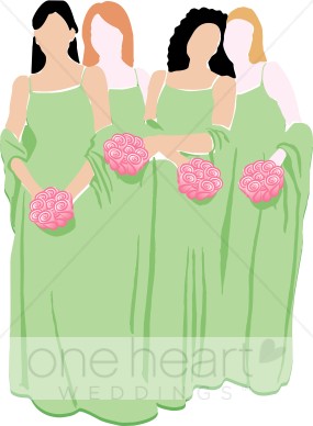 Bridesmaids green dresses.