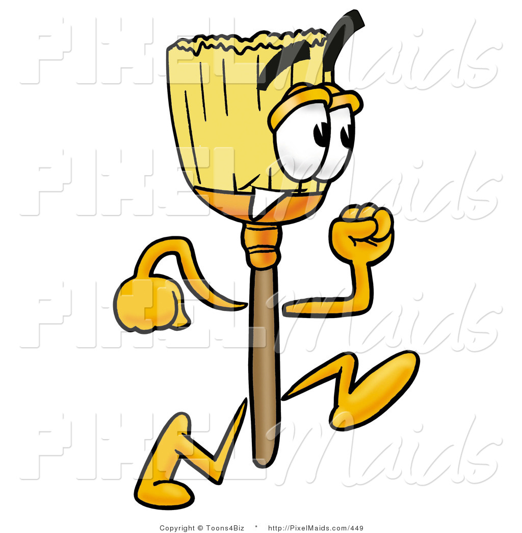 Clipart of a Cute Broom Mascot Cartoon Character Running by