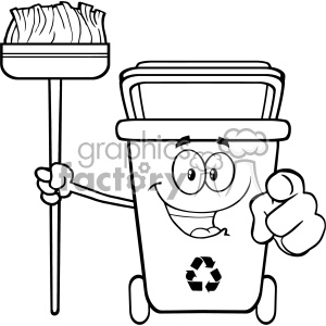 Black And White Open Green Recycle Bin Cartoon Mascot Character Holding A  Broom And Pointing For Clining Vector clipart