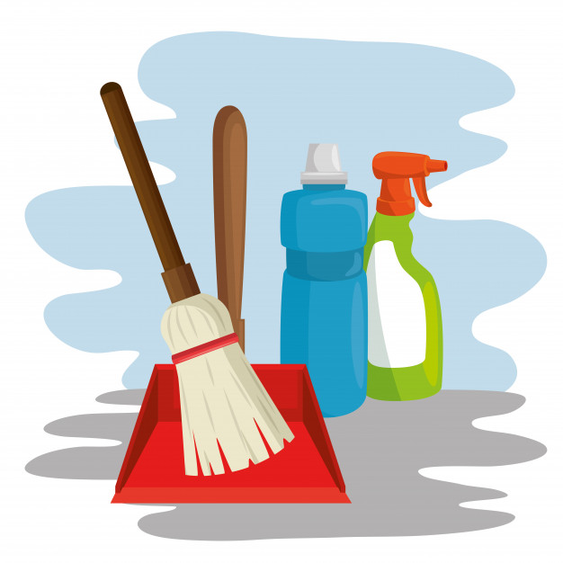 Cleaning supplies with spray broom dustpan Vector