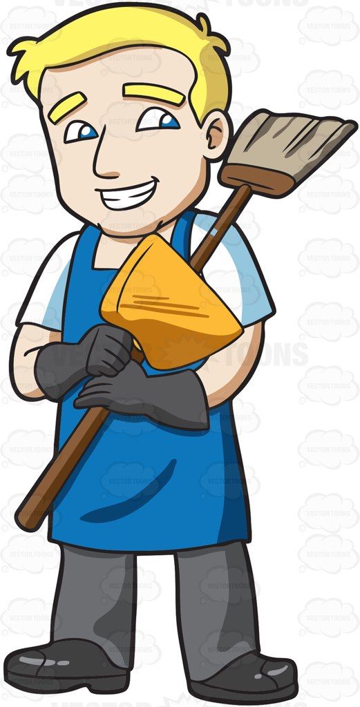 A janitor holding a broom and dustpan