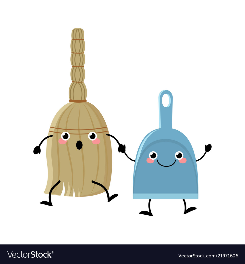 Cute cartoon broom and dustpan characters