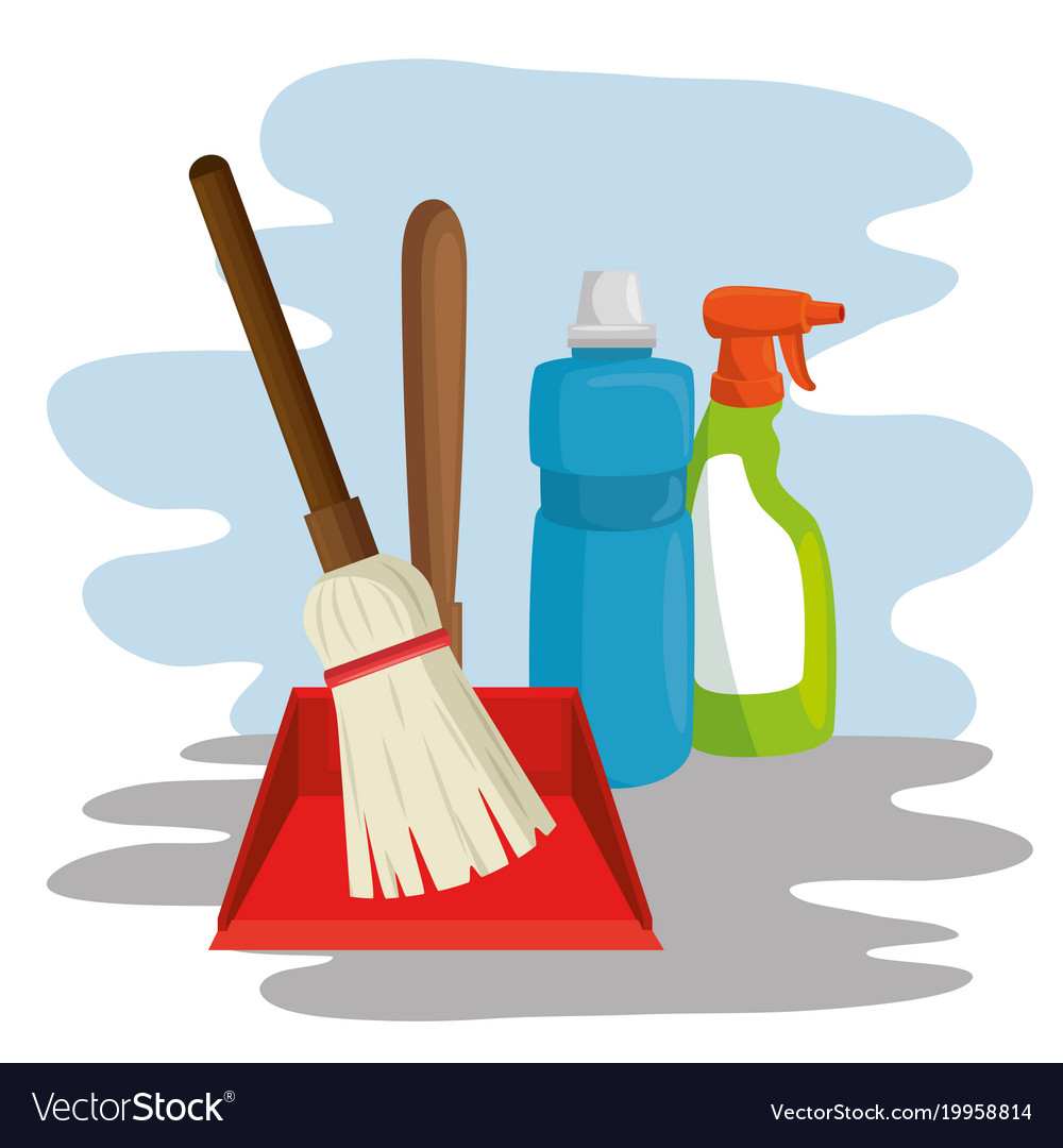 Cleaning supplies with spray broom dustpan