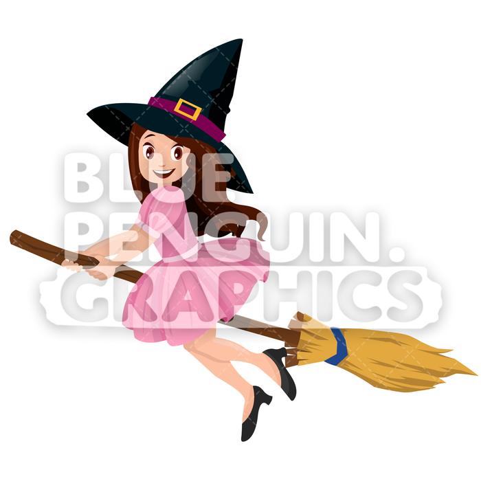 Cute Witch On Broom Vector Cartoon Clipart Illustration