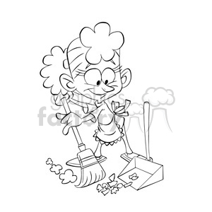 Vector black and white image of girl sweeping the floor with a broom  clipart