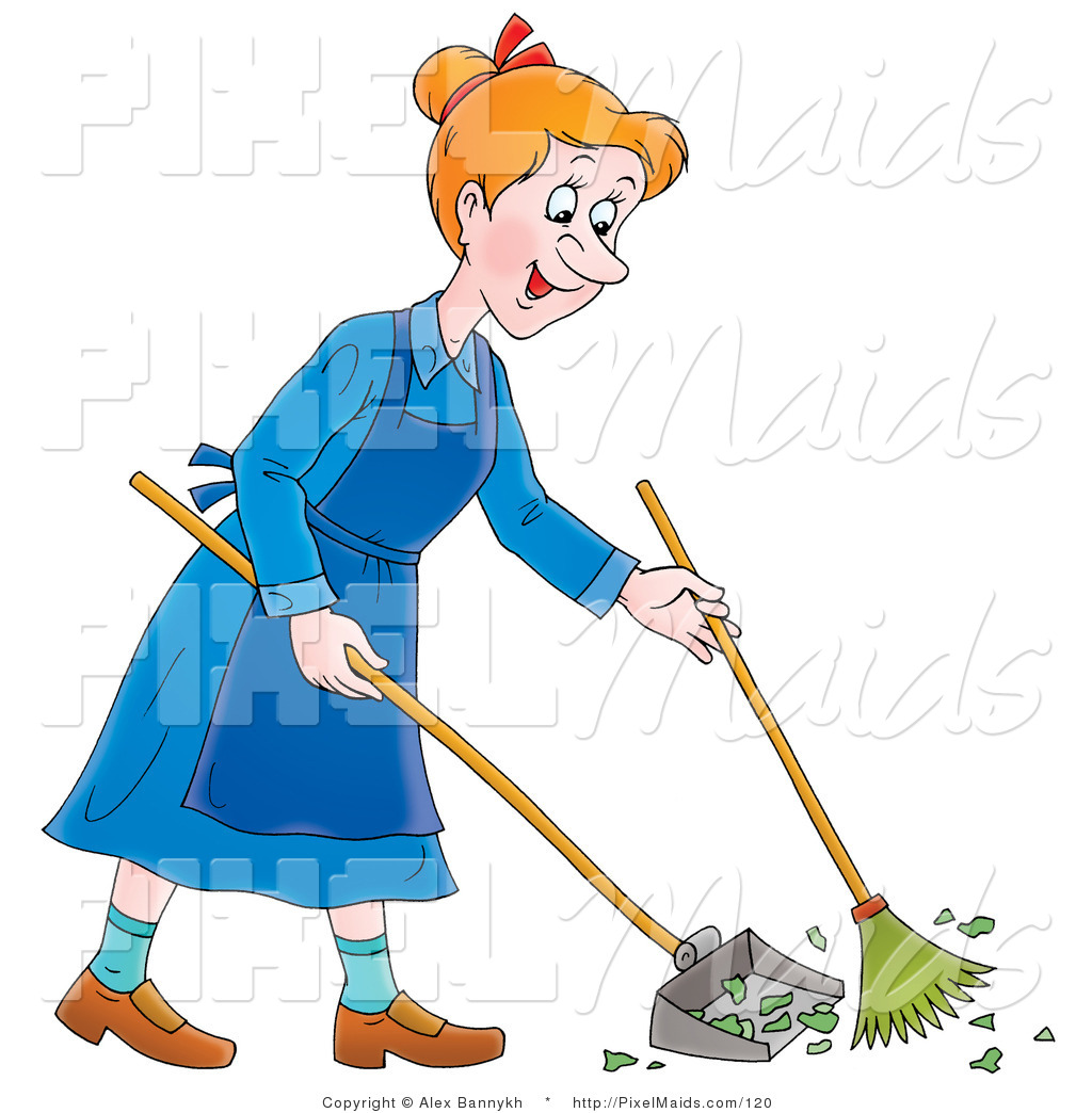 Clipart of a Cartoon Happy Woman Sweeping up a Mess with a