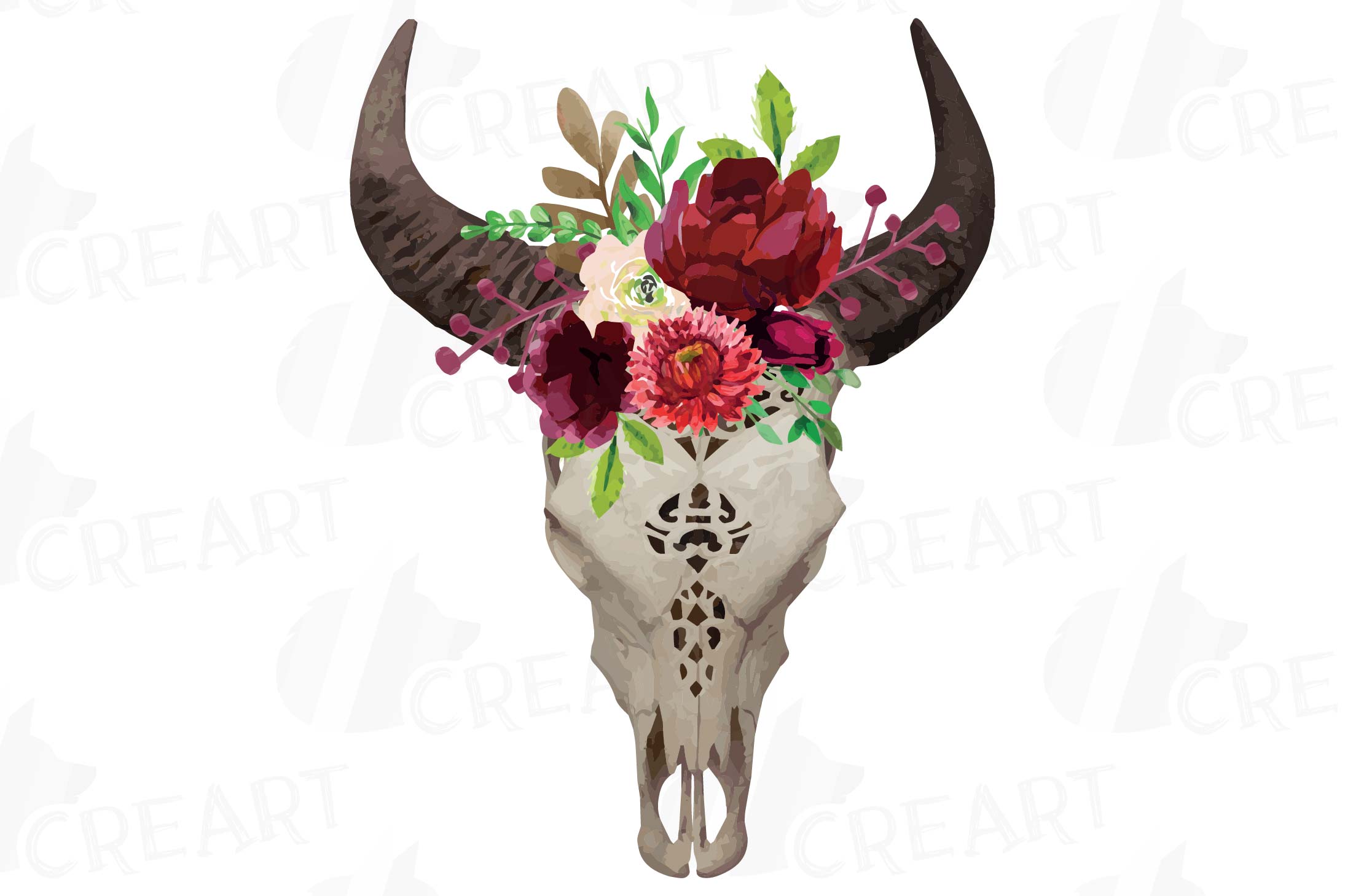 Carved skull, Watercolor floral buffalo skull clip art