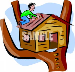 Cartoon of a Dad Building a Treehouse