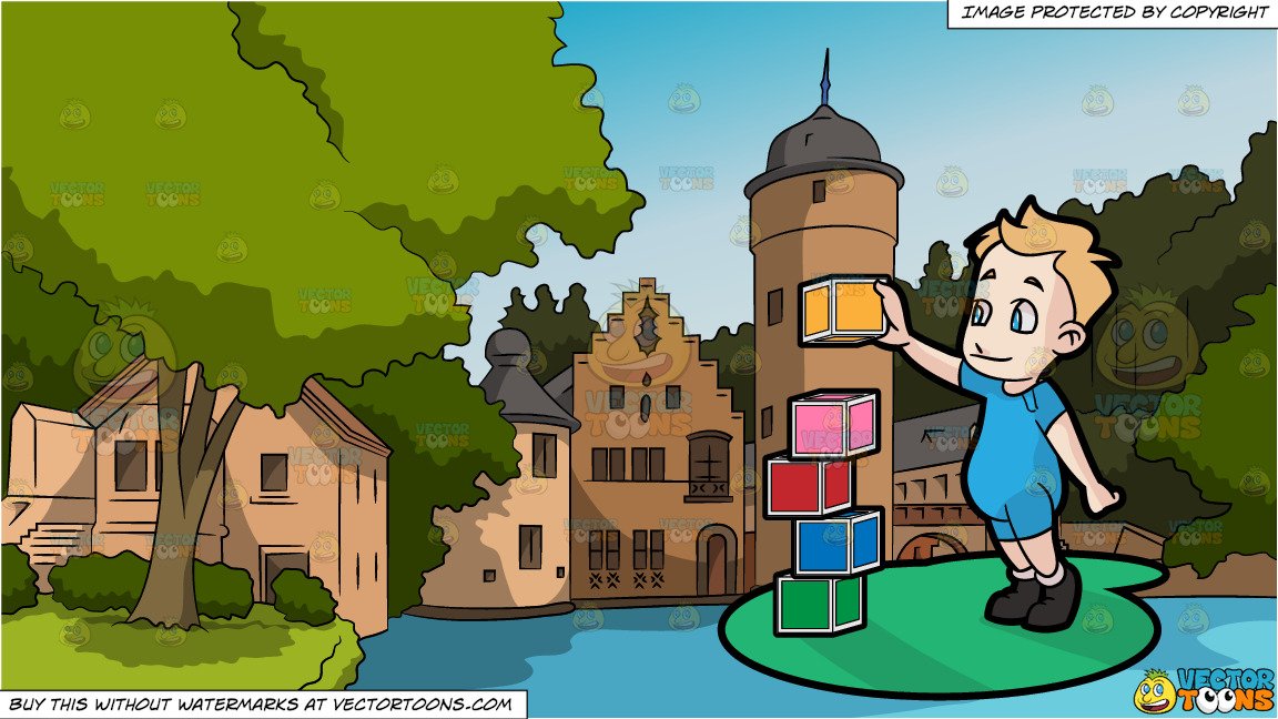 A Male Toddler Building Blocks and Countryside Castle Background