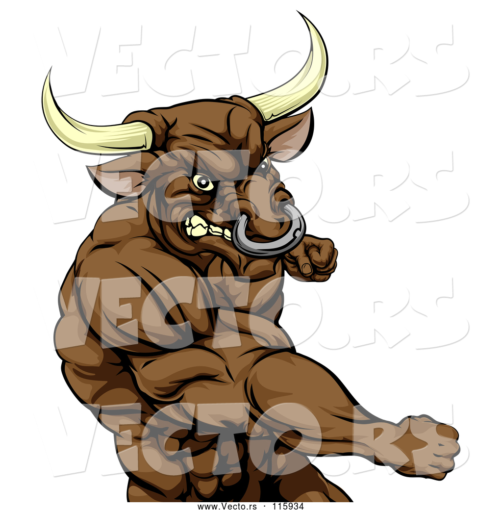 Vector of an Aggressive Cartoon Bull Mascot Punching by