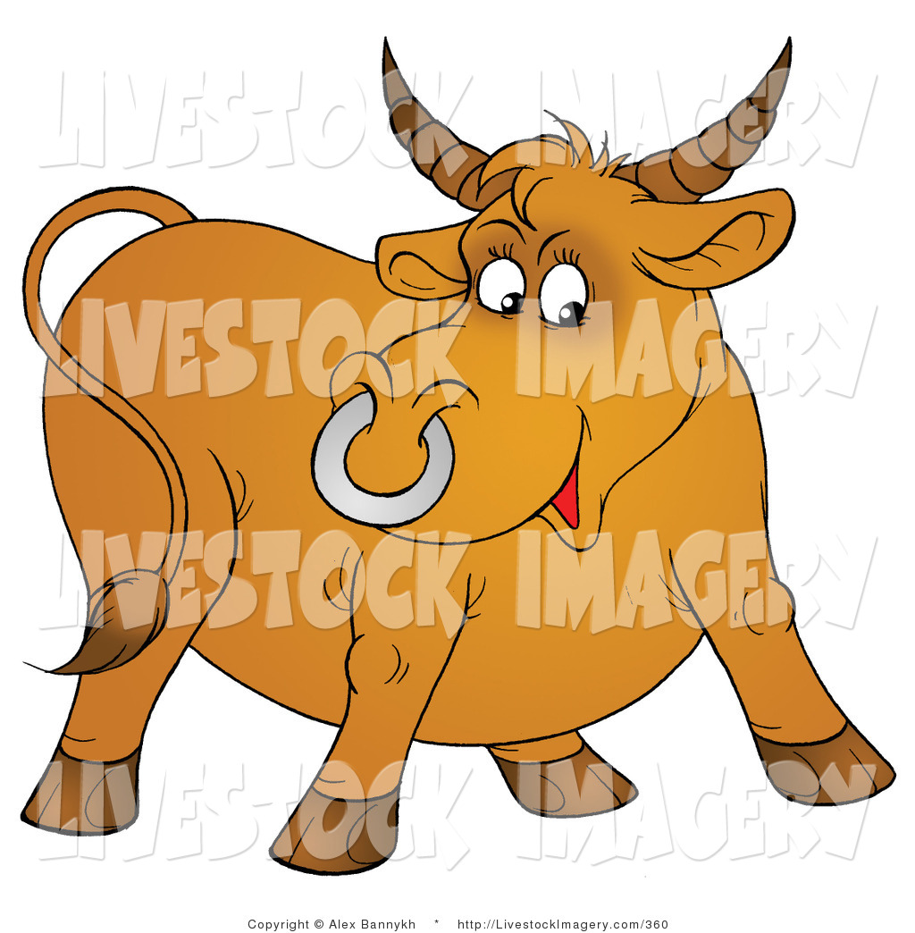 Clip Art of a Happy Horned Brown Bull with a Silver Ring in