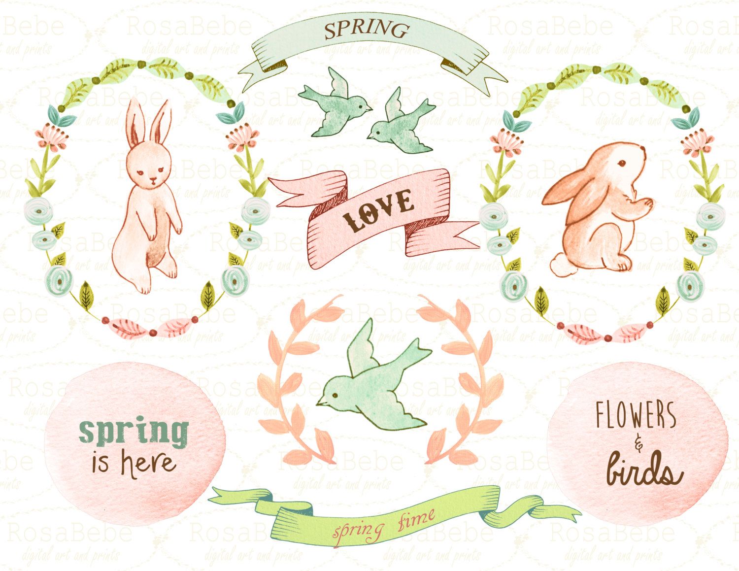 Floral clipart, baby clipart, bunny clipart, spring clipart