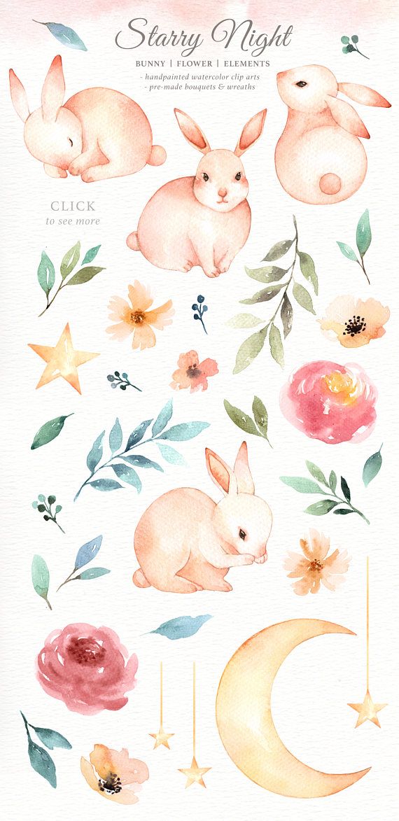 Starry Night Bunny Watercolor Set, Bunny Clipart, Moon