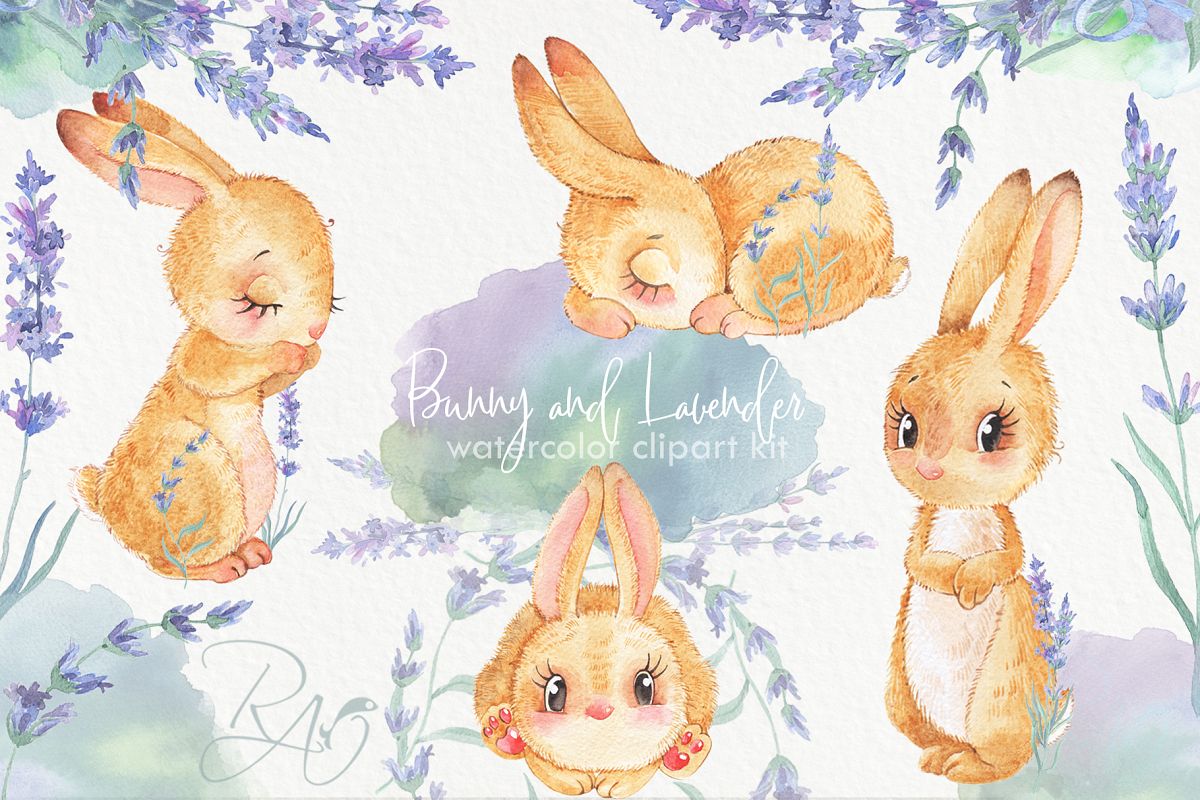 Cute watercolor bunny rabbit lavender flowers clipart kit