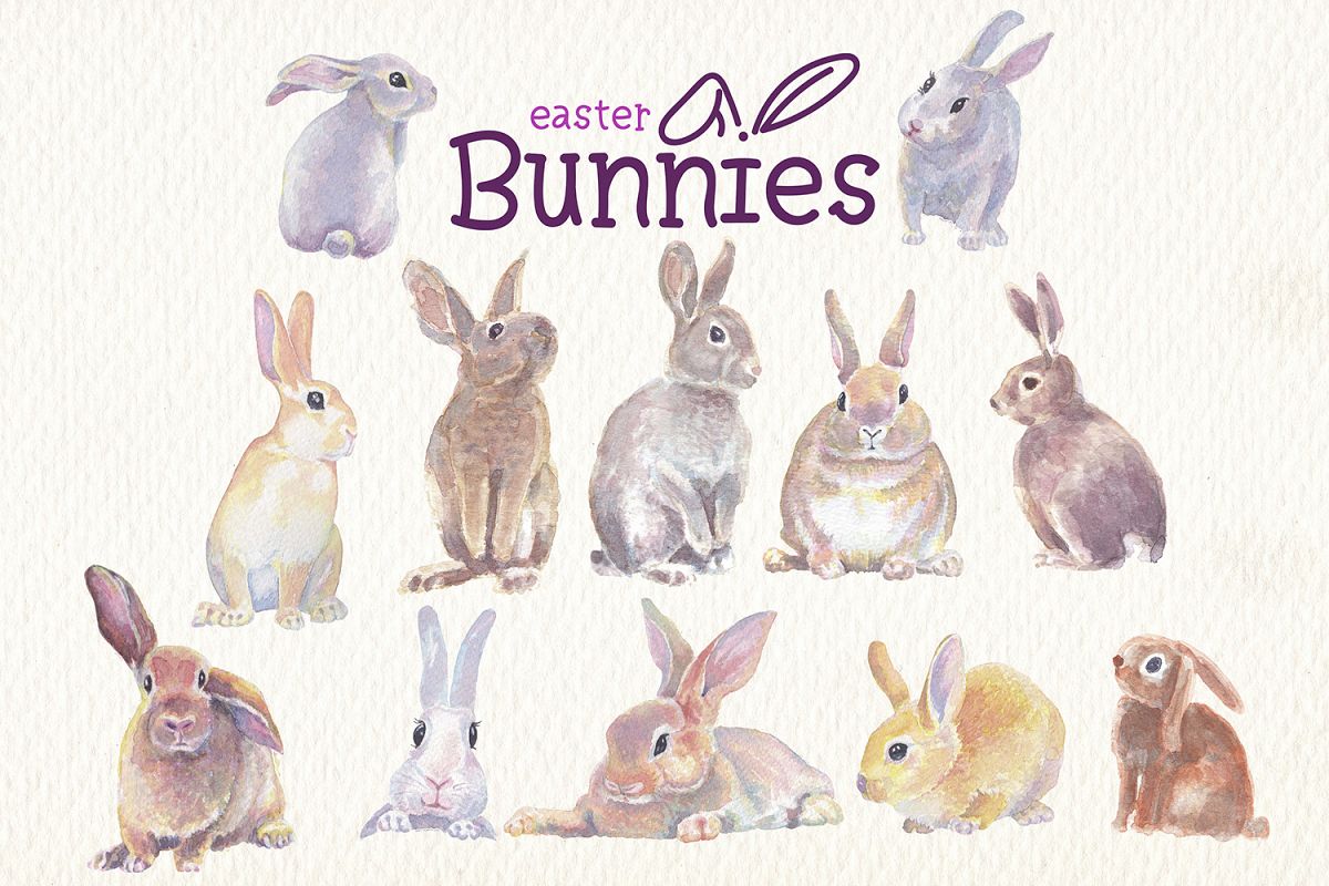 Easter bunnies watercolor clipart collection