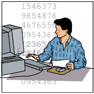A Man Sitting at a Computer Crunching Numbers clipart