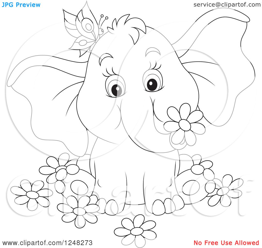 Clipart of a Black and White Cute Elephant with a Butterfly
