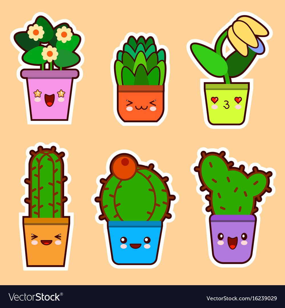 Cute cartoon kawaii set of plant cactus