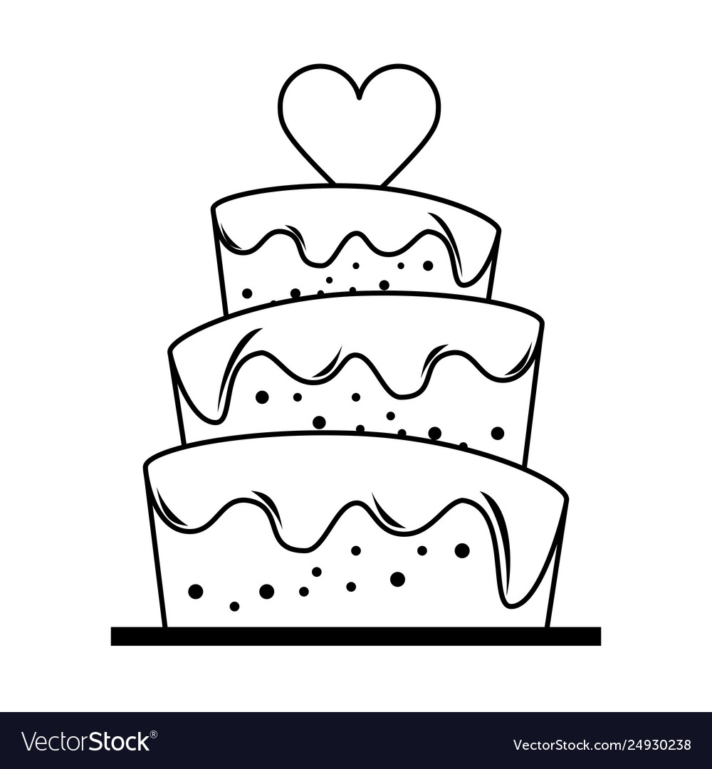 Wedding cake with heart cartoon in black and white