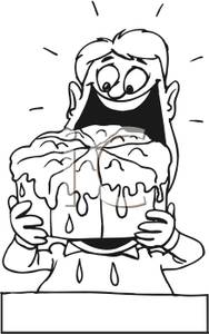 Black and White Boy Eating a Whole Cake Clipart Image