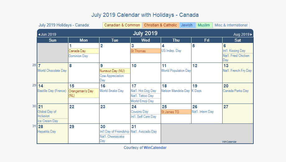July 2019 calendar.