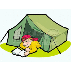 A boy camping reading a book in his tent clipart