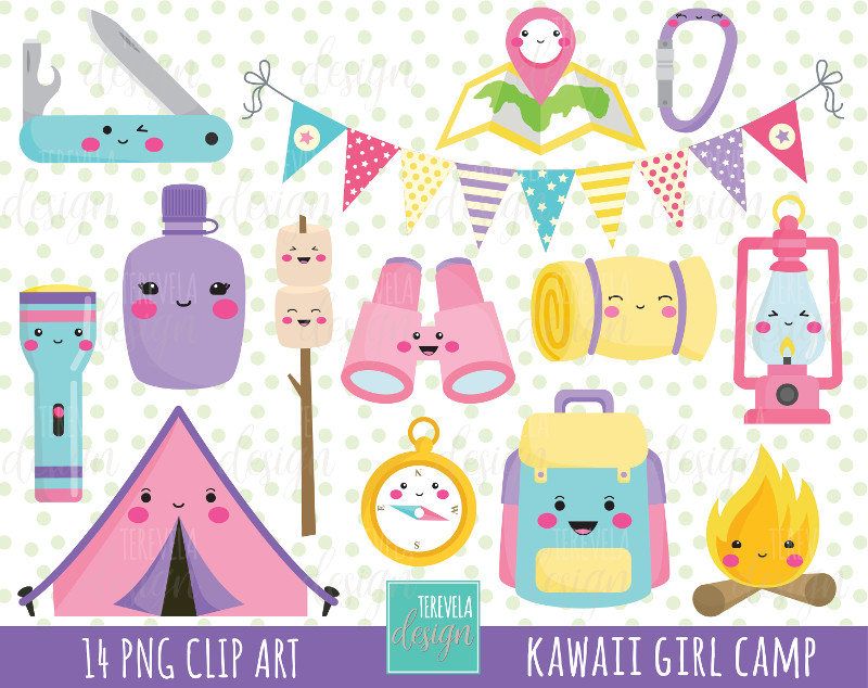 GIRL CAMP clipart, kawaii clipart, commercial use, camping