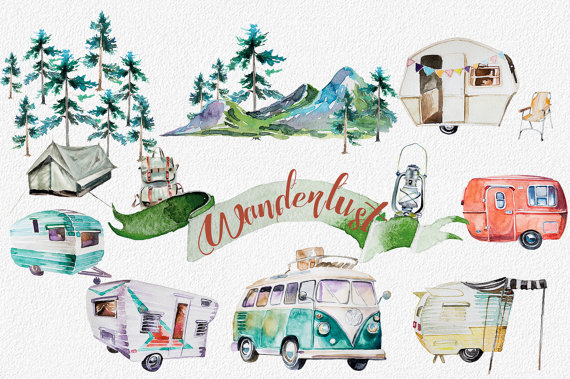 Watercolor Wanderlust Clipart Set,Retro Vehicles,Retro