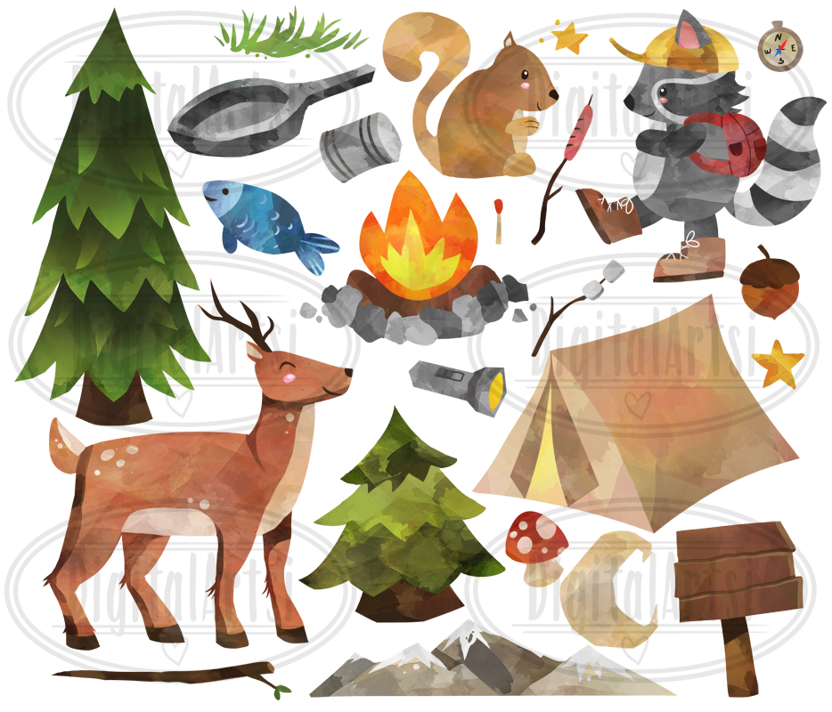 Watercolor camping clipart.